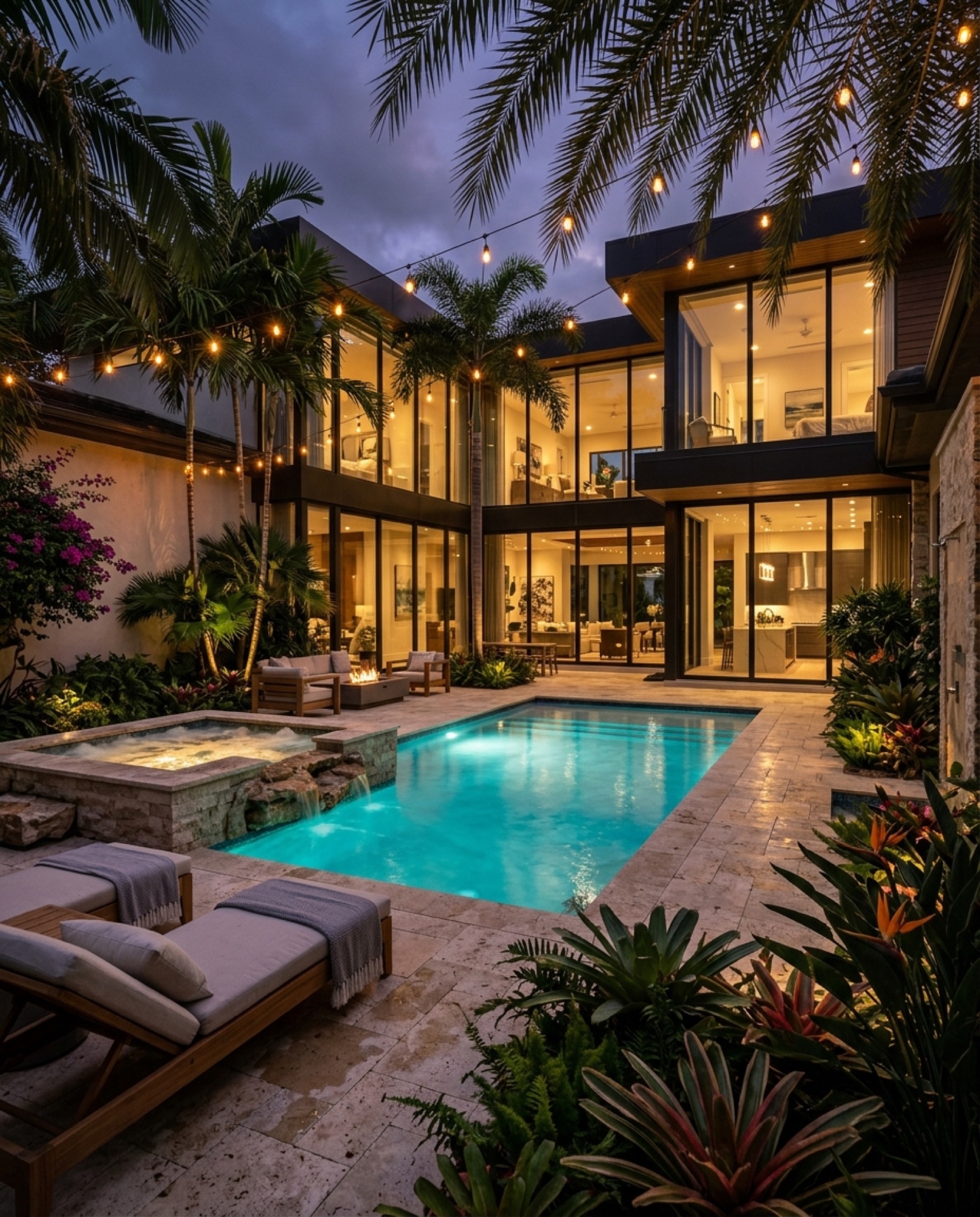 Evening courtyard pool